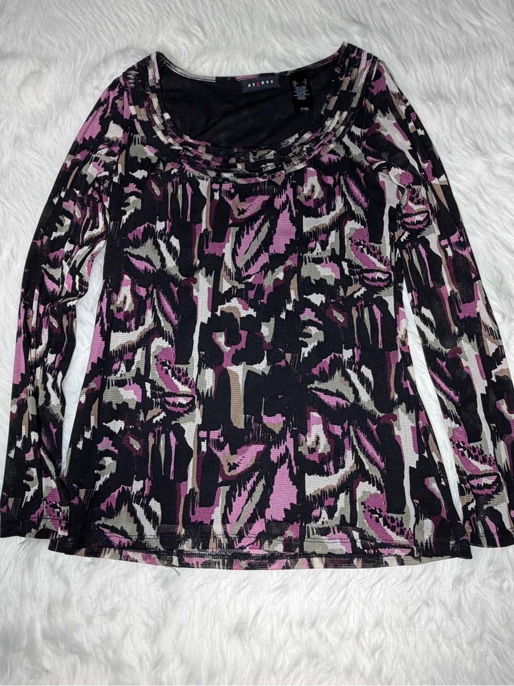 Axcess Abstract Print Top Size S Purple Black Long Sleeve Boat Neck